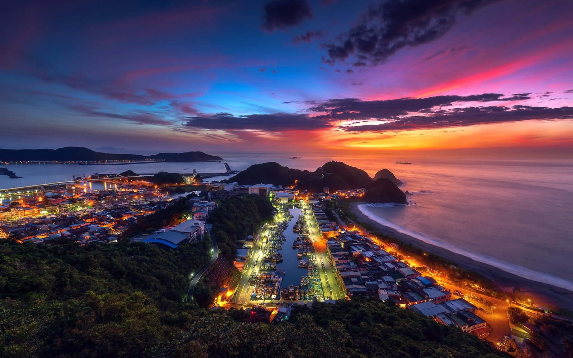 城市夜景,海滨,晚霞,灯光,风景大片