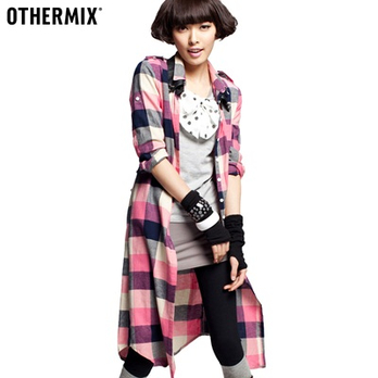 格OTHERMIX 新款棉粉色格子修身长袖衬衫女