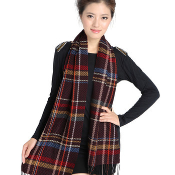上海故事卡萨布兰卡纯羊毛休闲围巾 暗红格子