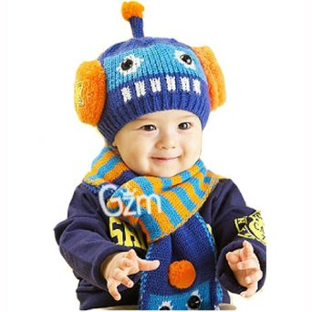 包邮 秋冬季婴儿童帽子毛绒帽机器人毛线帽宝