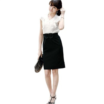 贵华韩版时尚气质黑白拼接短袖职业雪纺春装连