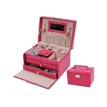 高级PU方形三层大容量首饰盒饰品收纳盒玫红