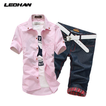 LeoHan 2014夏装新款男装短袖衬衫+五分牛仔
