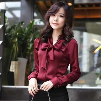 [货到付款]衬衫女长袖春秋款职业蝴蝶结修身衬
