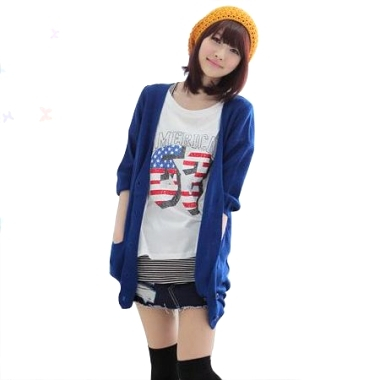 【亿品】2012波丝纶<em>中袖开衫</em>女蓝色<em>长款</em>针织