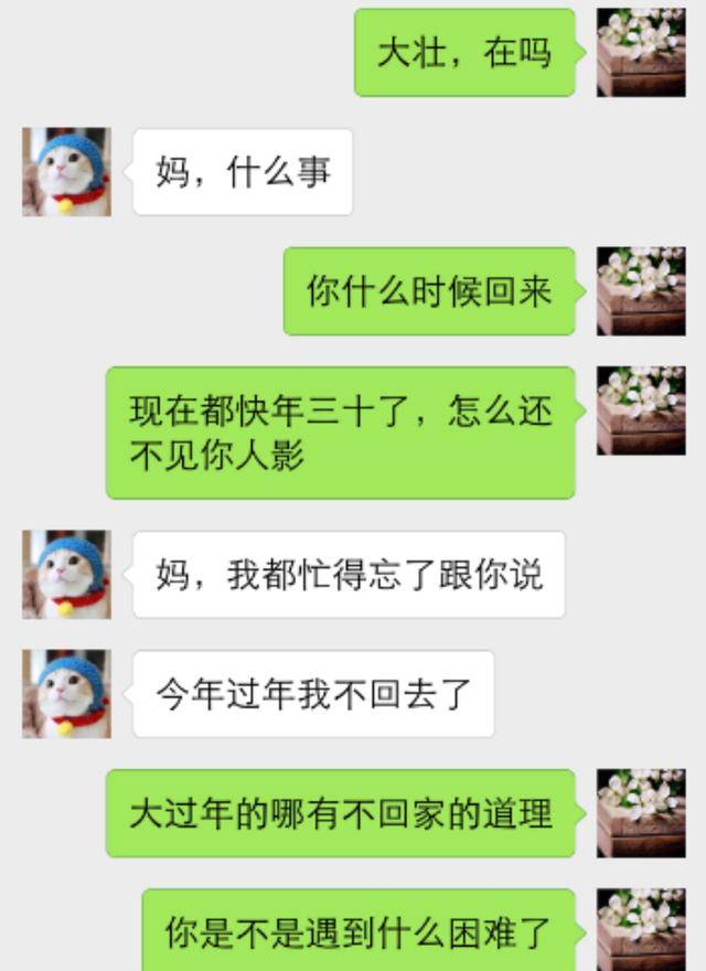 \"儿子,过年要工作不回来不要紧,有空回家妈给你做好吃的!\"