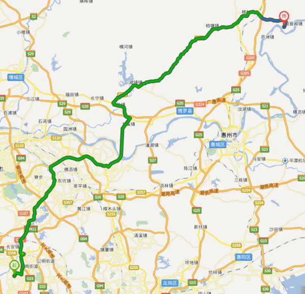 从深圳市沙井镇到惠州博罗杨村走低速多少公里