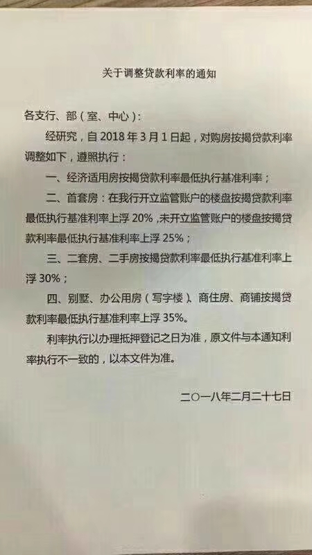 上浮30%?济宁某银行打响2018房贷利率上浮第一枪!