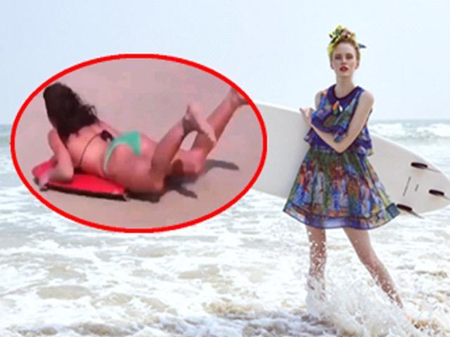 囧人囧事 搞笑！美女沙滩冲浪不幸侧翻