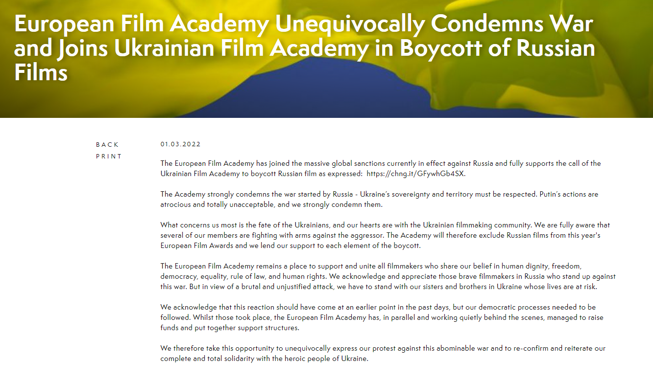 欧洲电影奖将剔除俄罗斯影片 乌克兰名导谢尔盖·洛兹尼察发声反对